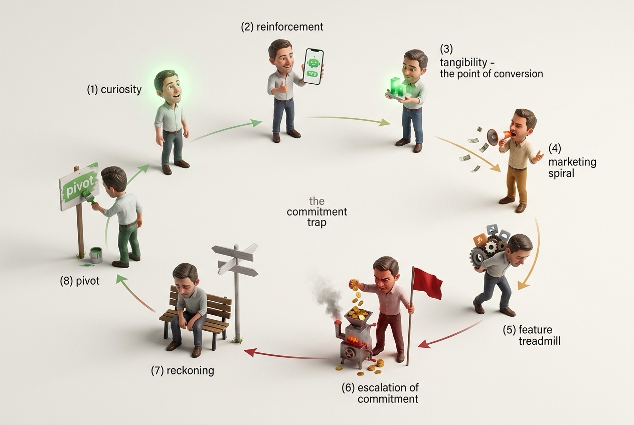The commitment trap drawn as a numbered circle of eight stages: (1) curiosity, (2) reinforcement, (3) tangibility, the point of conversion, (4) the marketing spiral, (5) the feature treadmill, (6) escalation of commitment, (7) the reckoning, and (8) a pivot that starts the loop again.