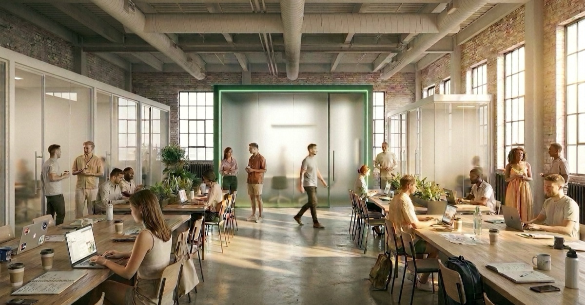 A bright modern incubator floor where every glass meeting room is transparent except one, framed in green and frosted over.