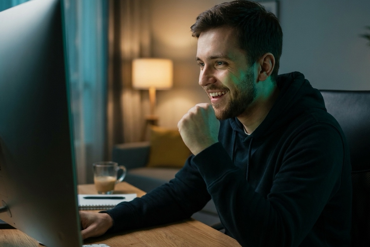 A founder at a desk in a dim room, smiling at a monitor whose green glow lights his face, chin resting on his fist.